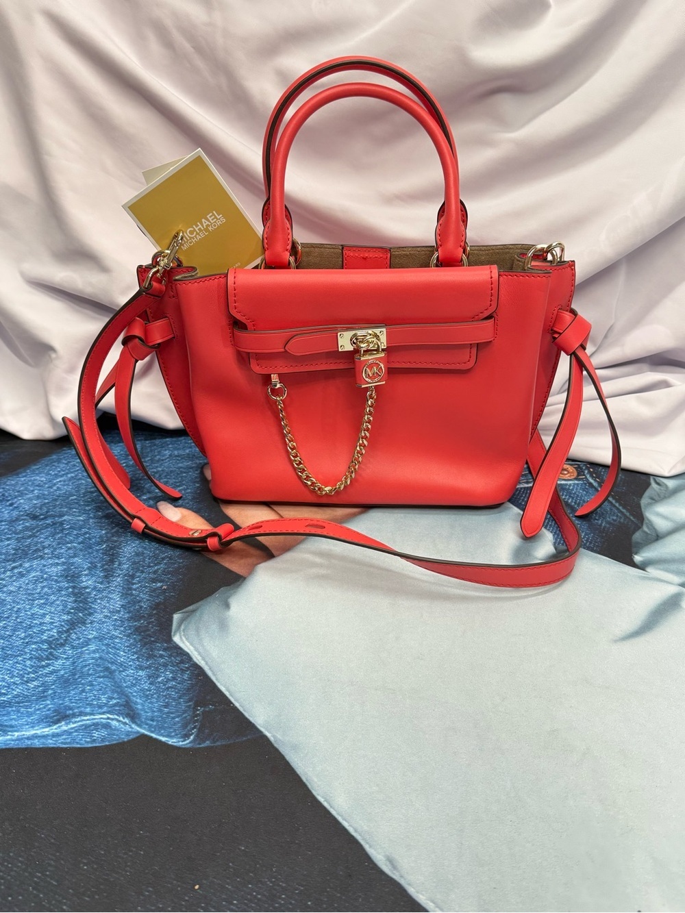 (new+tag) Michael Kors Leather Hamilton Legacy Dahlia Belted Red Pink Satchel - Picture 12 of 16